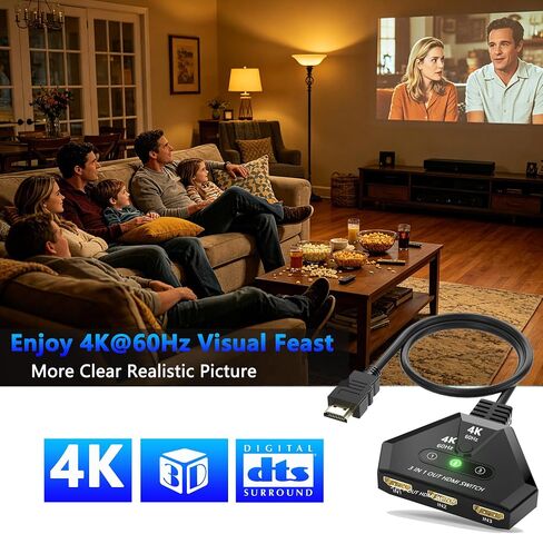 محول HDMI 3 في 1 مخرج، محول HDMI 4K@60 هرتز مع منافذ مطلية بالذهب، التوصيل والتشغيل، يدعم دقة Full HD 1080P ثلاثية الأبعاد متوافقة مع Roku TV Stick HDTV PS4/PS5 Xbox، مثالي للمسرح المنزلي والألعاب والبث in Kuwait