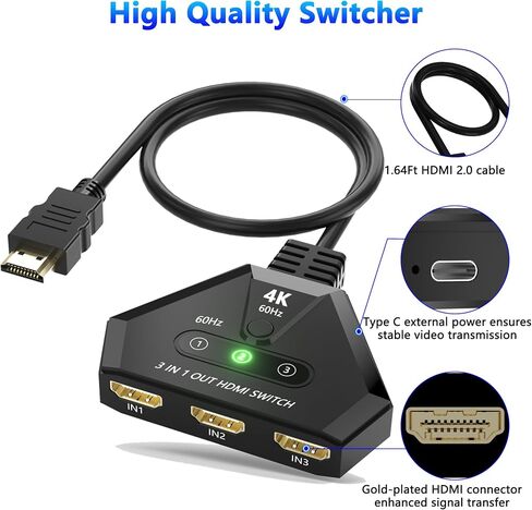 محول HDMI 3 في 1 مخرج، محول HDMI 4K@60 هرتز مع منافذ مطلية بالذهب، التوصيل والتشغيل، يدعم دقة Full HD 1080P ثلاثية الأبعاد متوافقة مع Roku TV Stick HDTV PS4/PS5 Xbox، مثالي للمسرح المنزلي والألعاب والبث in Kuwait