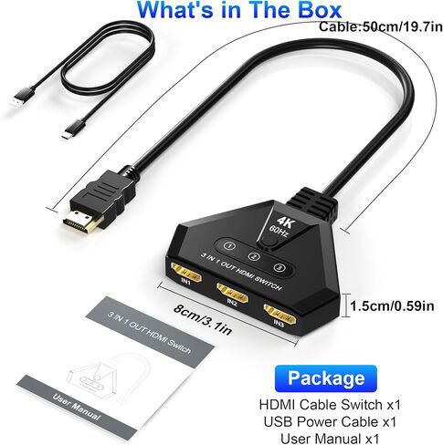 محول HDMI 3 في 1 مخرج، محول HDMI 4K@60 هرتز مع منافذ مطلية بالذهب، التوصيل والتشغيل، يدعم دقة Full HD 1080P ثلاثية الأبعاد متوافقة مع Roku TV Stick HDTV PS4/PS5 Xbox، مثالي للمسرح المنزلي والألعاب والبث in Kuwait