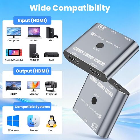 HDMI 2.1 Switch 16K/8K@120Hz/4K@240Hz - HDMI Switch 2 in 1 Out/HDMI Switch 1 in 2 Out, HDMI Splitter with VRR HDR10+ Dolby Atmos, 48Gbps HDMI Switcher for PS5/4 Xbox Switch 2 Roku Firestick Apple TV in Kuwait