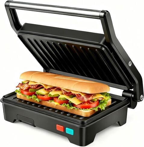 Panini Press Grill, Sandwich Maker with Non-Stick Coated Plates & Removable Drip Tray, 3-in-1 Electric Sandwich Press Opens 180° Flat, Stainless Steel Exterior with Overheat Protection,1000W, Black in Kuwait