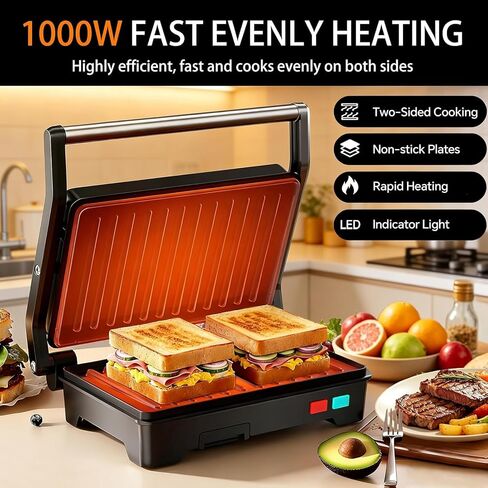 Panini Press Grill, Sandwich Maker with Non-Stick Coated Plates & Removable Drip Tray, 3-in-1 Electric Sandwich Press Opens 180° Flat, Stainless Steel Exterior with Overheat Protection,1000W, Black in Kuwait