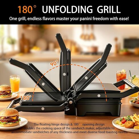 Panini Press Grill, Sandwich Maker with Non-Stick Coated Plates & Removable Drip Tray, 3-in-1 Electric Sandwich Press Opens 180° Flat, Stainless Steel Exterior with Overheat Protection,1000W, Black in Kuwait