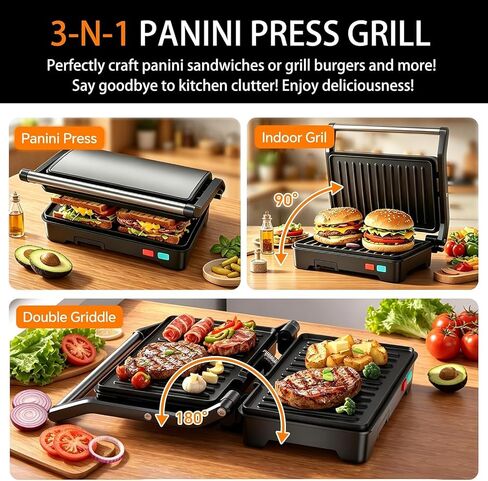 Panini Press Grill, Sandwich Maker with Non-Stick Coated Plates & Removable Drip Tray, 3-in-1 Electric Sandwich Press Opens 180° Flat, Stainless Steel Exterior with Overheat Protection,1000W, Black in Kuwait