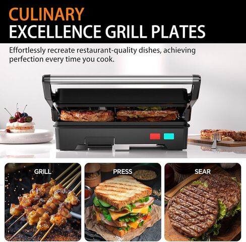 Panini Press Grill, Sandwich Maker with Non-Stick Coated Plates & Removable Drip Tray, 3-in-1 Electric Sandwich Press Opens 180° Flat, Stainless Steel Exterior with Overheat Protection,1000W, Black in Kuwait