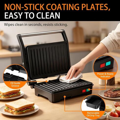 Panini Press Grill, Sandwich Maker with Non-Stick Coated Plates & Removable Drip Tray, 3-in-1 Electric Sandwich Press Opens 180° Flat, Stainless Steel Exterior with Overheat Protection,1000W, Black in Kuwait
