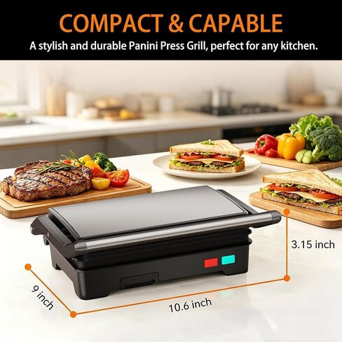Panini Press Grill, Sandwich Maker with Non-Stick Coated Plates & Removable Drip Tray, 3-in-1 Electric Sandwich Press Opens 180° Flat, Stainless Steel Exterior with Overheat Protection,1000W, Black in Kuwait