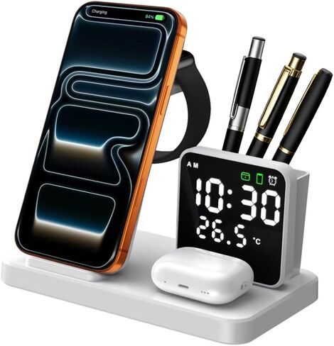 5 in 1 Wireless Charging Station with Alarm Clock Pen Holder, Fast Wireless Charger for iPhone 17/16/15/14/13/12/Pro/Max/Air, for iWatch & AirPods, Charger Stand with Temperature, Snooze Model Black in Saudi Arabia