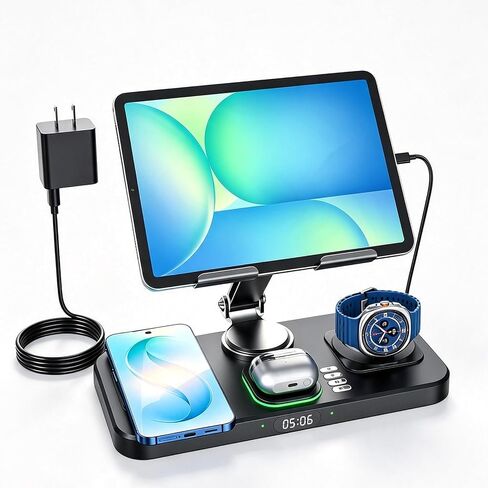 6 in 1 Charging Station for Samsung Multiple Devices, Foldable Wired Charging Stand for iPad/Tab with Clock & Light, Charger for S26/S25 Ultra/Z Fold 7 & Buds, Only for Galaxy Watch(Black) in Saudi Arabia