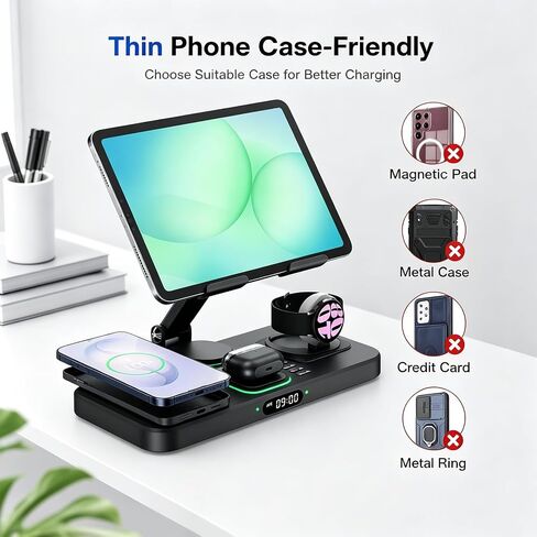 6 in 1 Charging Station for Samsung Multiple Devices, Foldable Wired Charging Stand for iPad/Tab with Clock & Light, Charger for S26/S25 Ultra/Z Fold 7 & Buds, Only for Galaxy Watch(Black) in Saudi Arabia