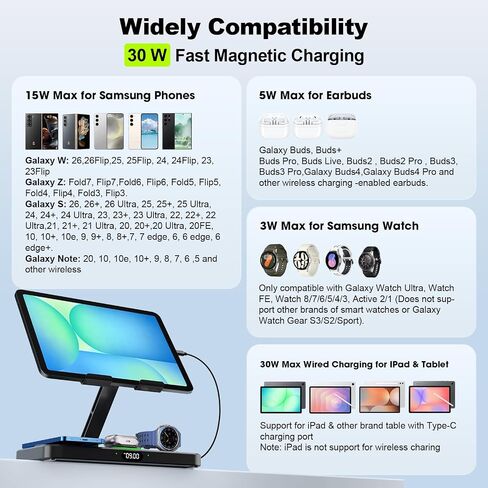 6 in 1 Charging Station for Samsung Multiple Devices, Foldable Wired Charging Stand for iPad/Tab with Clock & Light, Charger for S26/S25 Ultra/Z Fold 7 & Buds, Only for Galaxy Watch(Black) in Saudi Arabia
