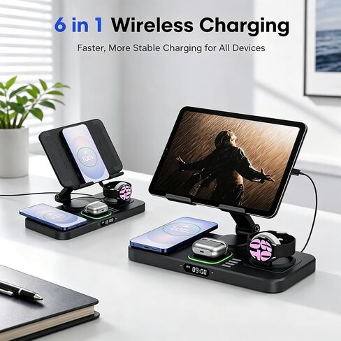 6 in 1 Charging Station for Samsung Multiple Devices, Foldable Wired Charging Stand for iPad/Tab with Clock & Light, Charger for S26/S25 Ultra/Z Fold 7 & Buds, Only for Galaxy Watch(Black) in Saudi Arabia