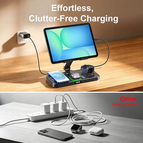 6 in 1 Charging Station for Samsung Multiple Devices, Foldable Wired Charging Stand for iPad/Tab with Clock & Light, Charger for S26/S25 Ultra/Z Fold 7 & Buds, Only for Galaxy Watch(Black) in Saudi Arabia