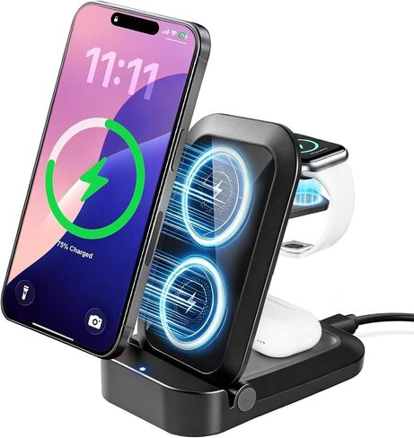 3 in 1 Wireless Charging Station for Apple - Foldable Wireless Charger Station - Travel Charger for Multiple Devices for iPhone 17 16 15 14 13 12 Pro Max Plus, Apple Watch, AirPods(Black) in Saudi Arabia