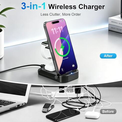 3 in 1 Wireless Charging Station for Apple - Foldable Wireless Charger Station - Travel Charger for Multiple Devices for iPhone 17 16 15 14 13 12 Pro Max Plus, Apple Watch, AirPods(Black) in Saudi Arabia