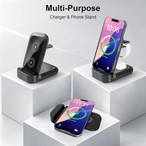 3 in 1 Wireless Charging Station for Apple - Foldable Wireless Charger Station - Travel Charger for Multiple Devices for iPhone 17 16 15 14 13 12 Pro Max Plus, Apple Watch, AirPods(Black) in Saudi Arabia