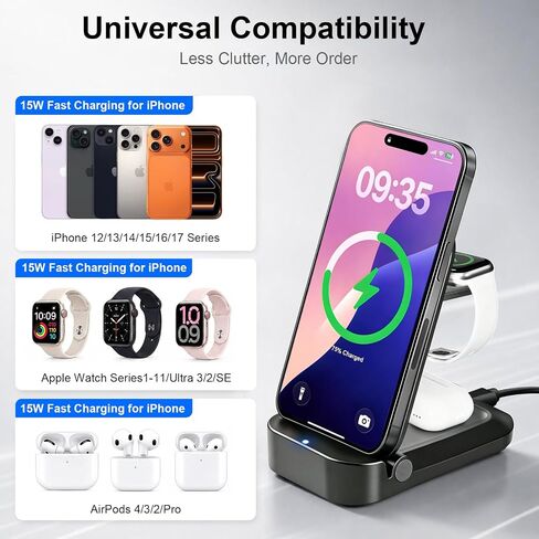 3 in 1 Wireless Charging Station for Apple - Foldable Wireless Charger Station - Travel Charger for Multiple Devices for iPhone 17 16 15 14 13 12 Pro Max Plus, Apple Watch, AirPods(Black) in Saudi Arabia