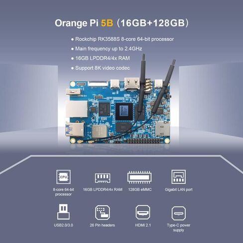 Orange Pi 5B 16GB LPDDR4/4X Rockchip RK3588S 8-Core 64 Bit Single Board Computer with Onboard 128GB eMMC Flash, Run Linux/Debian/Ubuntu/Android OS(16GB128GB+ Power Supply) in Saudi Arabia