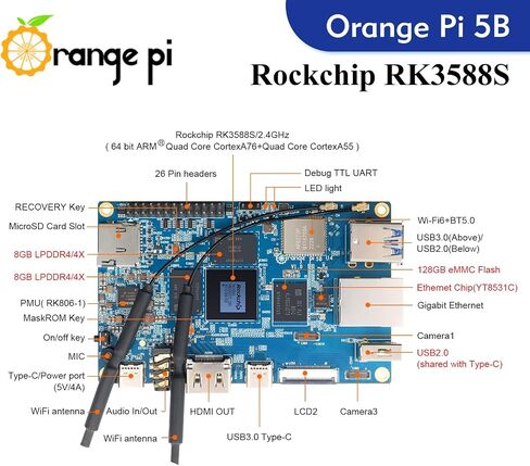 Orange Pi 5B 16GB LPDDR4/4X Rockchip RK3588S 8-Core 64 Bit Single Board Computer with Onboard 128GB eMMC Flash, Run Linux/Debian/Ubuntu/Android OS(16GB128GB+ Power Supply) in Saudi Arabia