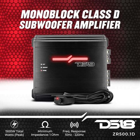 DS18 ZR500.1D Car Amplifier Class D 1-Channel Digital Monoblock Amp Remote Subwoofer Level Knob 1500 Watts Peak Power Adjustable Low Pass, Gain Knob, Subsonic Frequency (Renewed) in Saudi Arabia