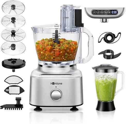Homtone 16 Cup Food Processor Blender, Large 11-in-1 Food Processor & Blender Combo, Die-Cast Aluminum Motor Base – 5 Preset Modes for Chopping, Shredding, Slicing, Kneading, Dicing, 650W, Silver in Kuwait
