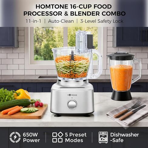 Homtone 16 Cup Food Processor Blender, Large 11-in-1 Food Processor & Blender Combo, Die-Cast Aluminum Motor Base – 5 Preset Modes for Chopping, Shredding, Slicing, Kneading, Dicing, 650W, Silver in Kuwait