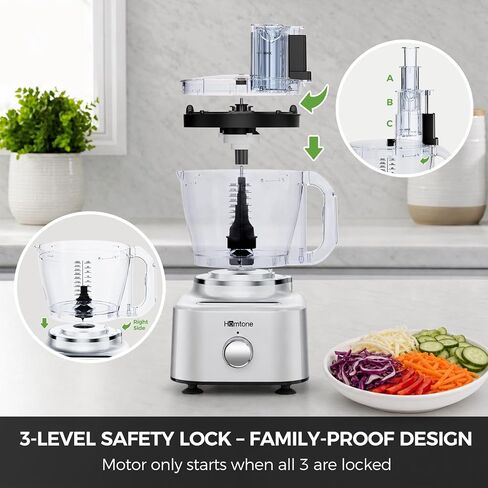 Homtone 16 Cup Food Processor Blender, Large 11-in-1 Food Processor & Blender Combo, Die-Cast Aluminum Motor Base – 5 Preset Modes for Chopping, Shredding, Slicing, Kneading, Dicing, 650W, Silver in Kuwait