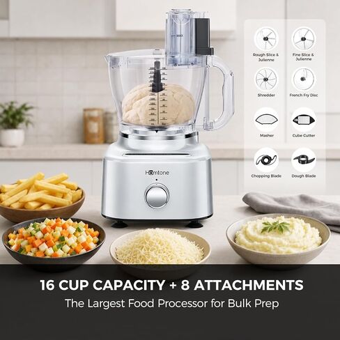 Homtone 16 Cup Food Processor Blender, Large 11-in-1 Food Processor & Blender Combo, Die-Cast Aluminum Motor Base – 5 Preset Modes for Chopping, Shredding, Slicing, Kneading, Dicing, 650W, Silver in Kuwait