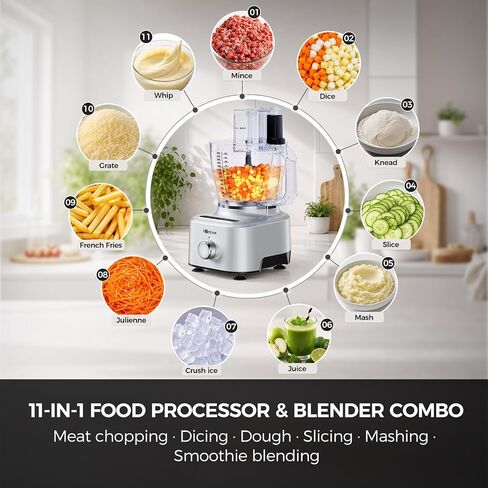 Homtone 16 Cup Food Processor Blender, Large 11-in-1 Food Processor & Blender Combo, Die-Cast Aluminum Motor Base – 5 Preset Modes for Chopping, Shredding, Slicing, Kneading, Dicing, 650W, Silver in Kuwait
