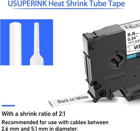 USUPERINK 5 PK Compatible for Brother Ptouch HSe-221 HSe221 HS-221 HS221 8.8mm Black on White Heat Shrink Tube Label Tape use in PT-D210 PT-D400 PT-E300 PT-E500 PT-P750WVP Label Maker (0.34''x 4.92ft) in Kuwait