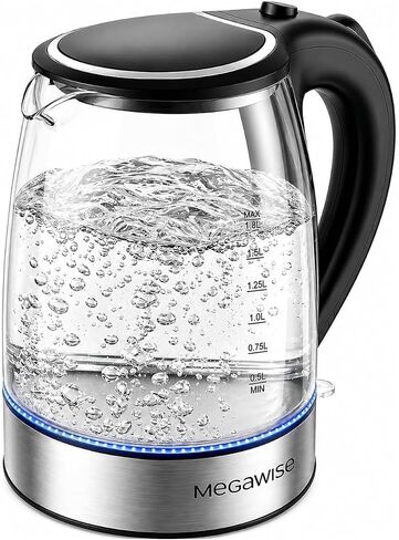 MEGAWISE 1.8L Healthy Electric Kettle, 1800W Borosilicate Glass Tea Kettle with Food Grade Material, Auto Shut-Off and Boil-Dry Protection Cordless Kettle Fast Boiling, BPA Free in Kuwait