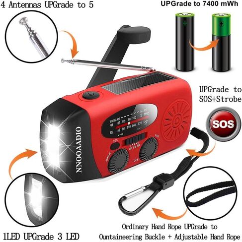 2000mAh SOS Alarm Emergency AM FM Weather Radio, 3LED Type-C Hand Crank Solar Battery Operated Portable Wind Up Radio Flashlight, Cell Phone Charger Survival Kit (Red) in Kuwait