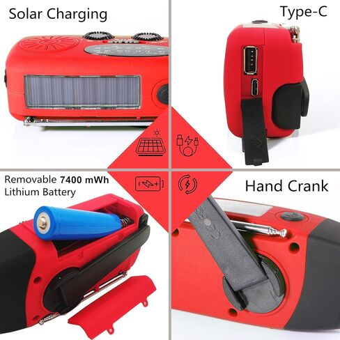 2000mAh SOS Alarm Emergency AM FM Weather Radio, 3LED Type-C Hand Crank Solar Battery Operated Portable Wind Up Radio Flashlight, Cell Phone Charger Survival Kit (Red) in Kuwait