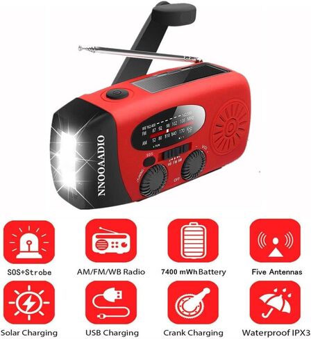 2000mAh SOS Alarm Emergency AM FM Weather Radio, 3LED Type-C Hand Crank Solar Battery Operated Portable Wind Up Radio Flashlight, Cell Phone Charger Survival Kit (Red) in Kuwait