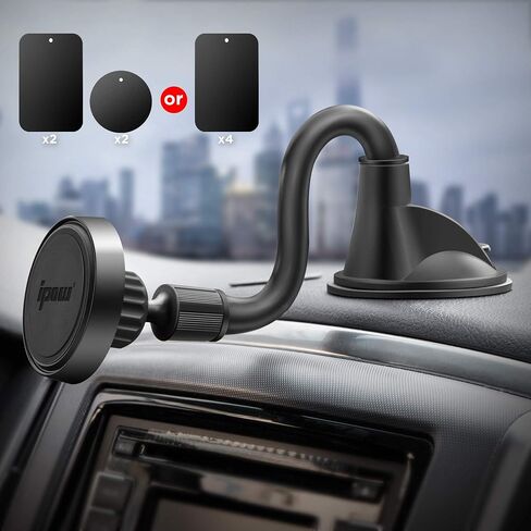 IPOW Long Arm Universal Magnetic Cradle Windshield Dashboard Cell Phone Mount Holder with 4 Metal Plates, Soft Firm Goose Arm & Enhanced Suction Cup in Kuwait