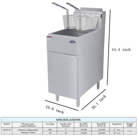 Atosa CookRite ATFS-50-NG 50 lbs Free Standing Floor Fryer with Temperature Control | 4 Cast-Iron Vertical Burner Tubes | 2 Removable Frying Baskets | Stainless Steel, 136,000 BTU, Natural Gas (NG) in Saudi Arabia
