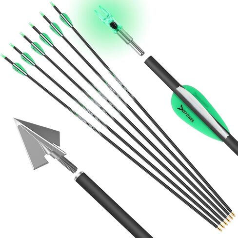 DEEPOWER 6 Pack 31 inch 100% Carbon Arrows with Fixed Blade Broadhead and Lighted Nocks for Compound Bow and Recurve Bow Shaft Spine 300/350/400/500 in Kuwait
