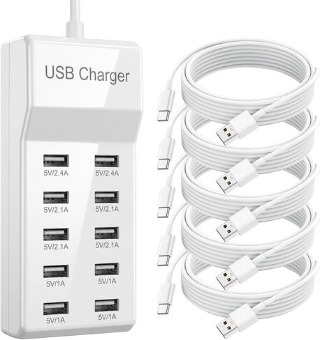 10-Port USB Charging Station, 50W 10A Desktop Charger with 5 A-to-C Cables in Saudi Arabia