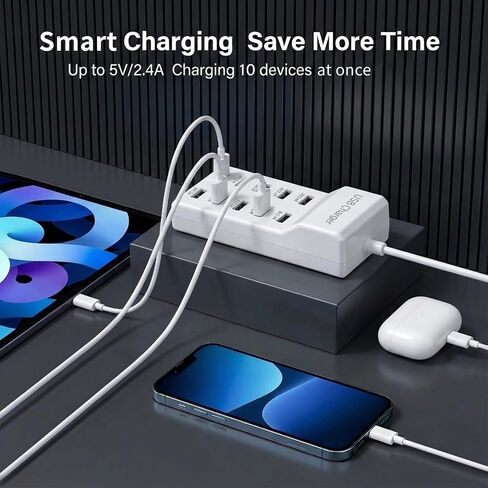 10-Port USB Charging Station, 50W 10A Desktop Charger with 5 A-to-C Cables in Saudi Arabia