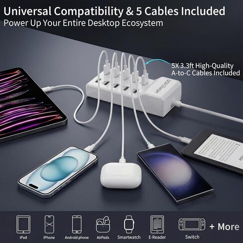 10-Port USB Charging Station, 50W 10A Desktop Charger with 5 A-to-C Cables in Saudi Arabia
