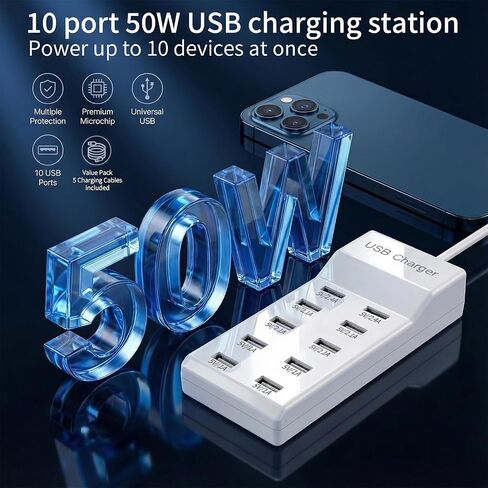 10-Port USB Charging Station, 50W 10A Desktop Charger with 5 A-to-C Cables in Saudi Arabia