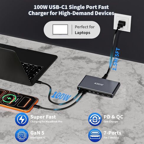 GaN5 430W USB C Charger Block Charging Station,Apple 7 Port Fast Charging Block with Dual 100W USBC Multiport Adapter TypeC & USBA Desktop Charger for iPhone17/16/15/14/13/Pro Max/MacBook Pro/Air/iPad in Kuwait