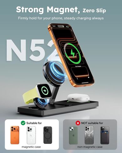 Foldable 3 in 1 Charging Station for Magsafe, Phone and Watch Charger Stand for Apple Devices, Wireless Desk Charger Dock for iPhone 17 16 15 14 13 12 Series, Apple Watch and Airpods in Saudi Arabia