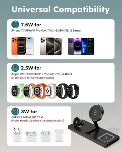 Foldable 3 in 1 Charging Station for Magsafe, Phone and Watch Charger Stand for Apple Devices, Wireless Desk Charger Dock for iPhone 17 16 15 14 13 12 Series, Apple Watch and Airpods in Saudi Arabia