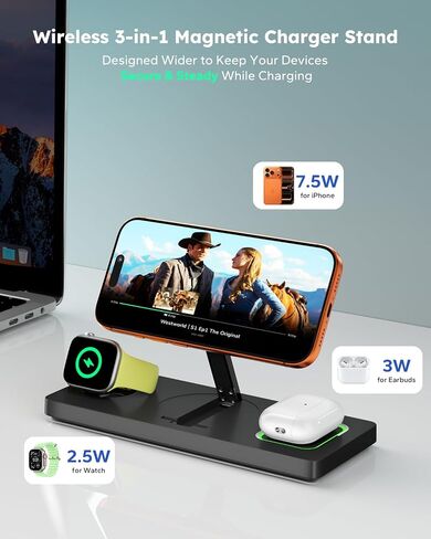 Foldable 3 in 1 Charging Station for Magsafe, Phone and Watch Charger Stand for Apple Devices, Wireless Desk Charger Dock for iPhone 17 16 15 14 13 12 Series, Apple Watch and Airpods in Saudi Arabia
