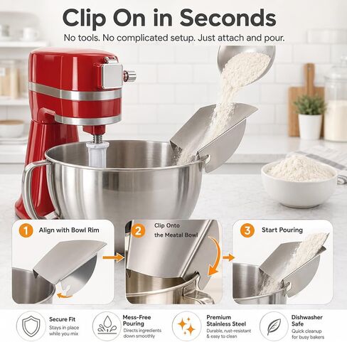 Pouring Chute Compatible with KitchenAid Stand Mixer Metal Bowls, Dishwasher Safe Polished Food Grade Stainless Steel Pouring Chute for Kitchenaid mixer in Kuwait