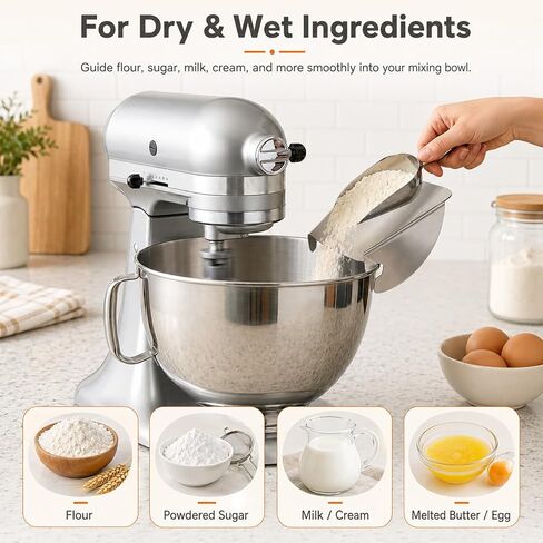 Pouring Chute Compatible with KitchenAid Stand Mixer Metal Bowls, Dishwasher Safe Polished Food Grade Stainless Steel Pouring Chute for Kitchenaid mixer in Kuwait