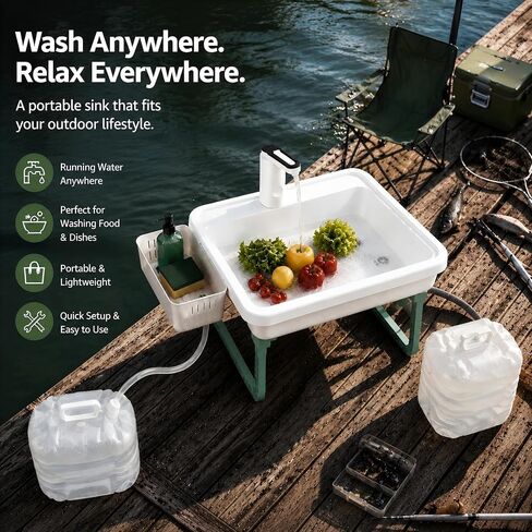 Portable Hand Washing Station with 2x15L Foldable Water Bag Water Dispensing System, Portable Sink with Drain Hose, No Plumbing Required, Camping Sink for Camping, RV, Outdoor(19.7in) in Kuwait