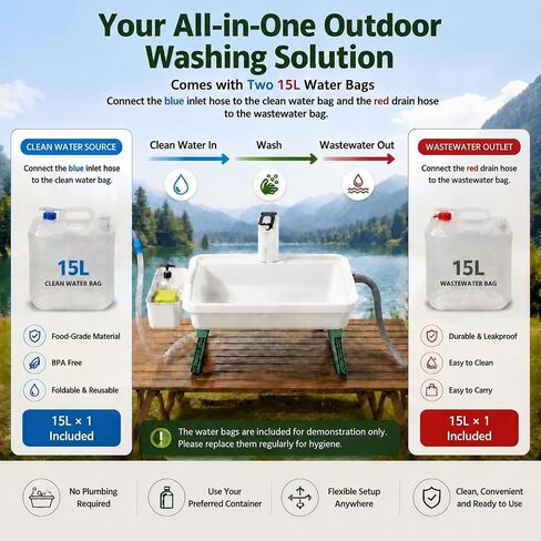 Portable Hand Washing Station with 2x15L Foldable Water Bag Water Dispensing System, Portable Sink with Drain Hose, No Plumbing Required, Camping Sink for Camping, RV, Outdoor(19.7in) in Kuwait
