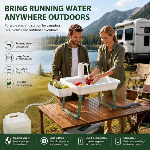 Portable Hand Washing Station with 2x15L Foldable Water Bag Water Dispensing System, Portable Sink with Drain Hose, No Plumbing Required, Camping Sink for Camping, RV, Outdoor(19.7in) in Kuwait